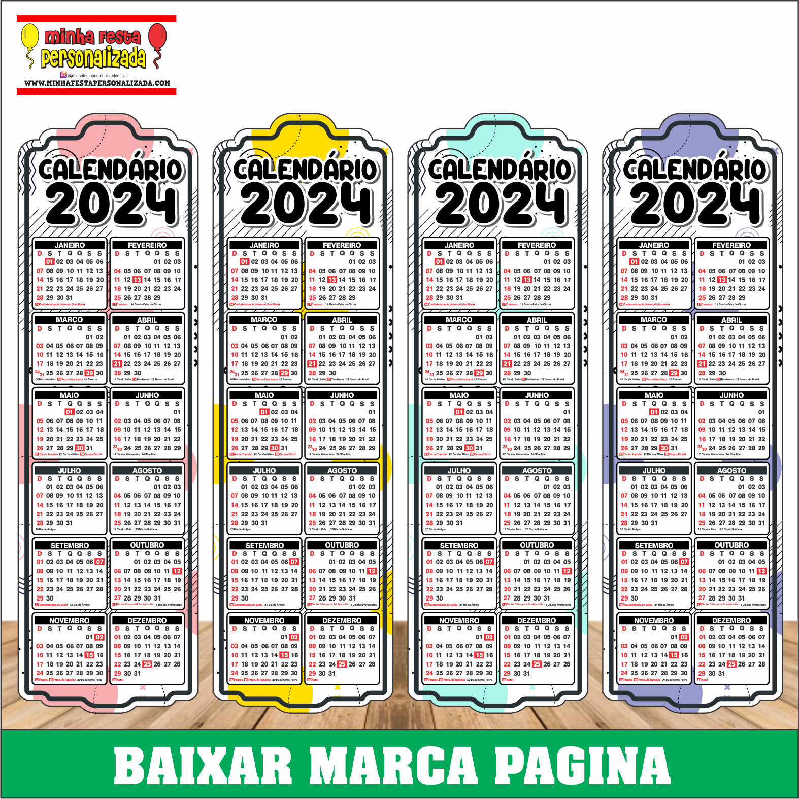 Marca Pagina calendário 2024 pronto para imprimir