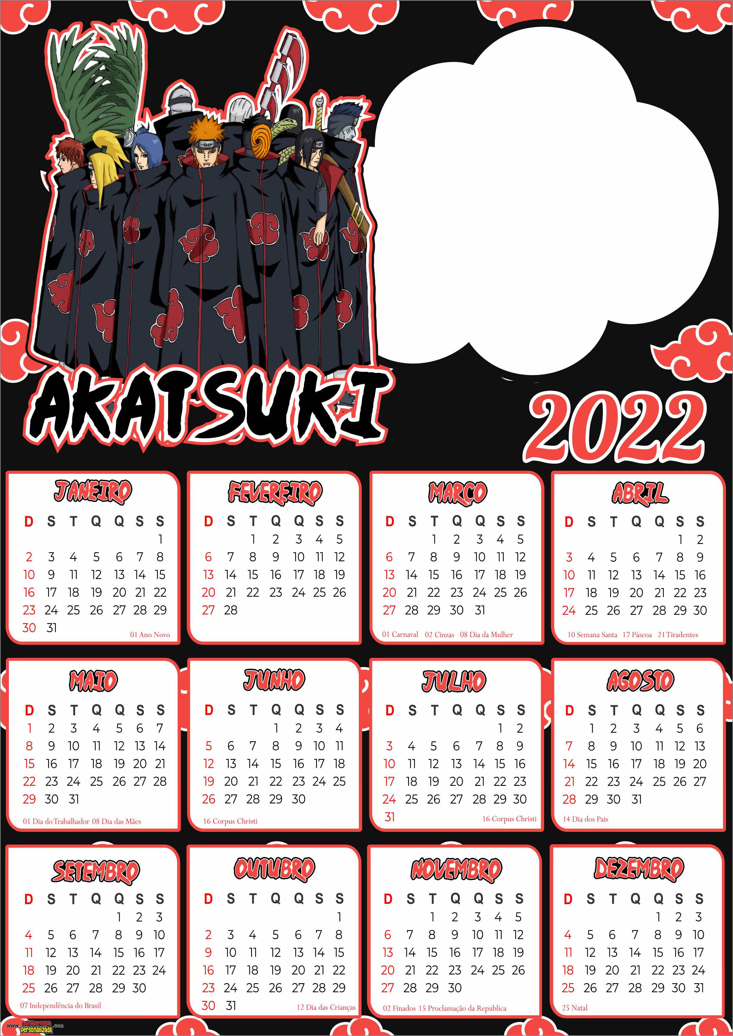 Calendário 2022 da Akatsuki Para Imprimir