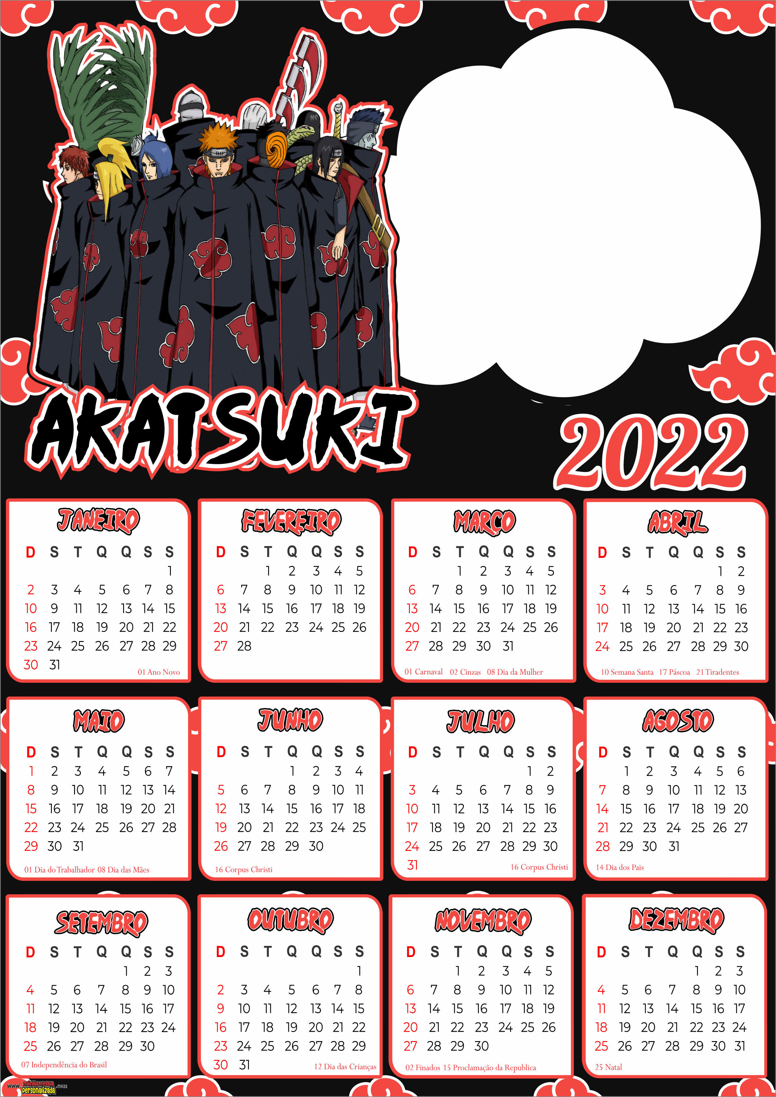 Calendário 2022 Akatsuki Moldura em PNG - Imagem Legal