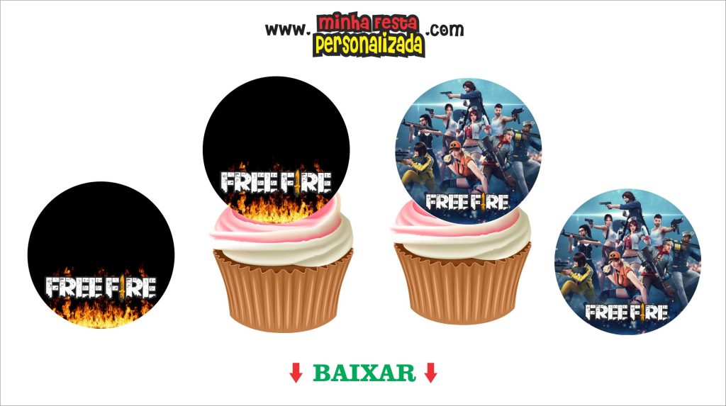 cupcake free fire 1024x573 - Topo de Bolo free fire, saia e tag pronto para imprimir