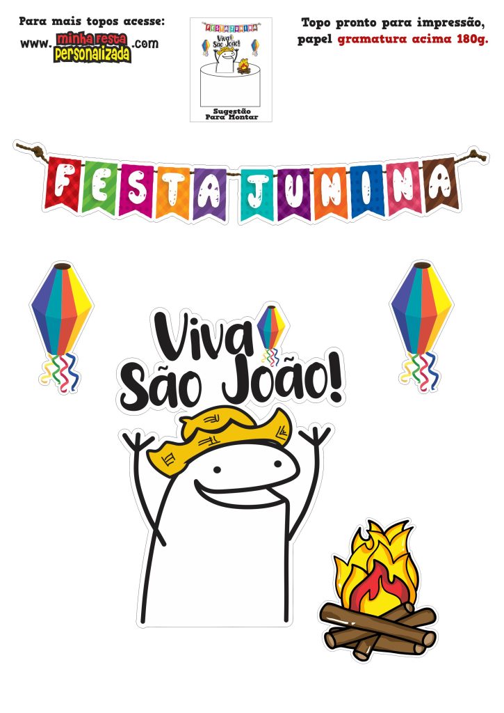 Topo de bolo Flork Festa Junina Gratuito Pronto Para Imprimir  Atividades  de alfabetização, Boneco palito, Viva são joão