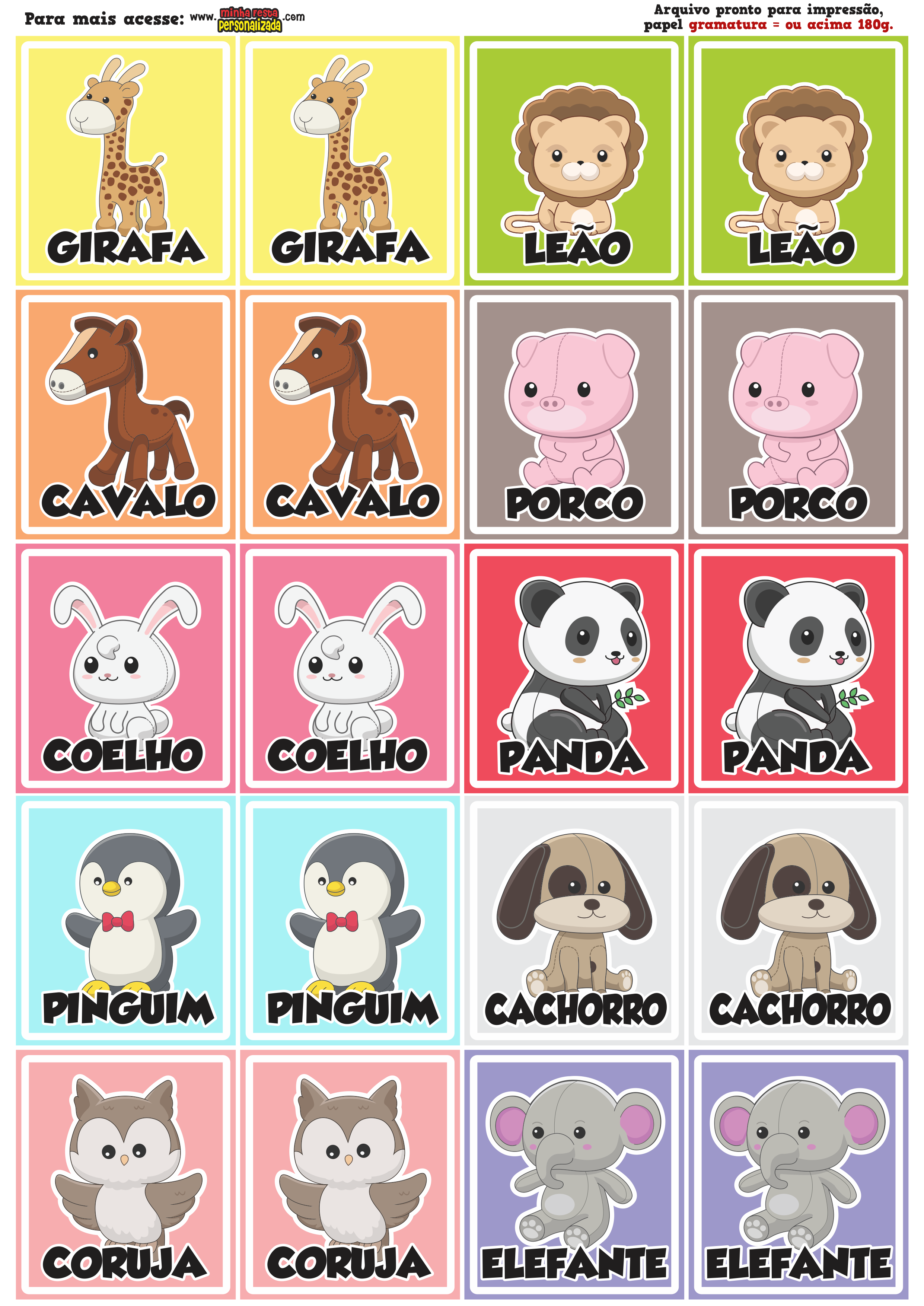 Jogo da memória dos animais para imprimir