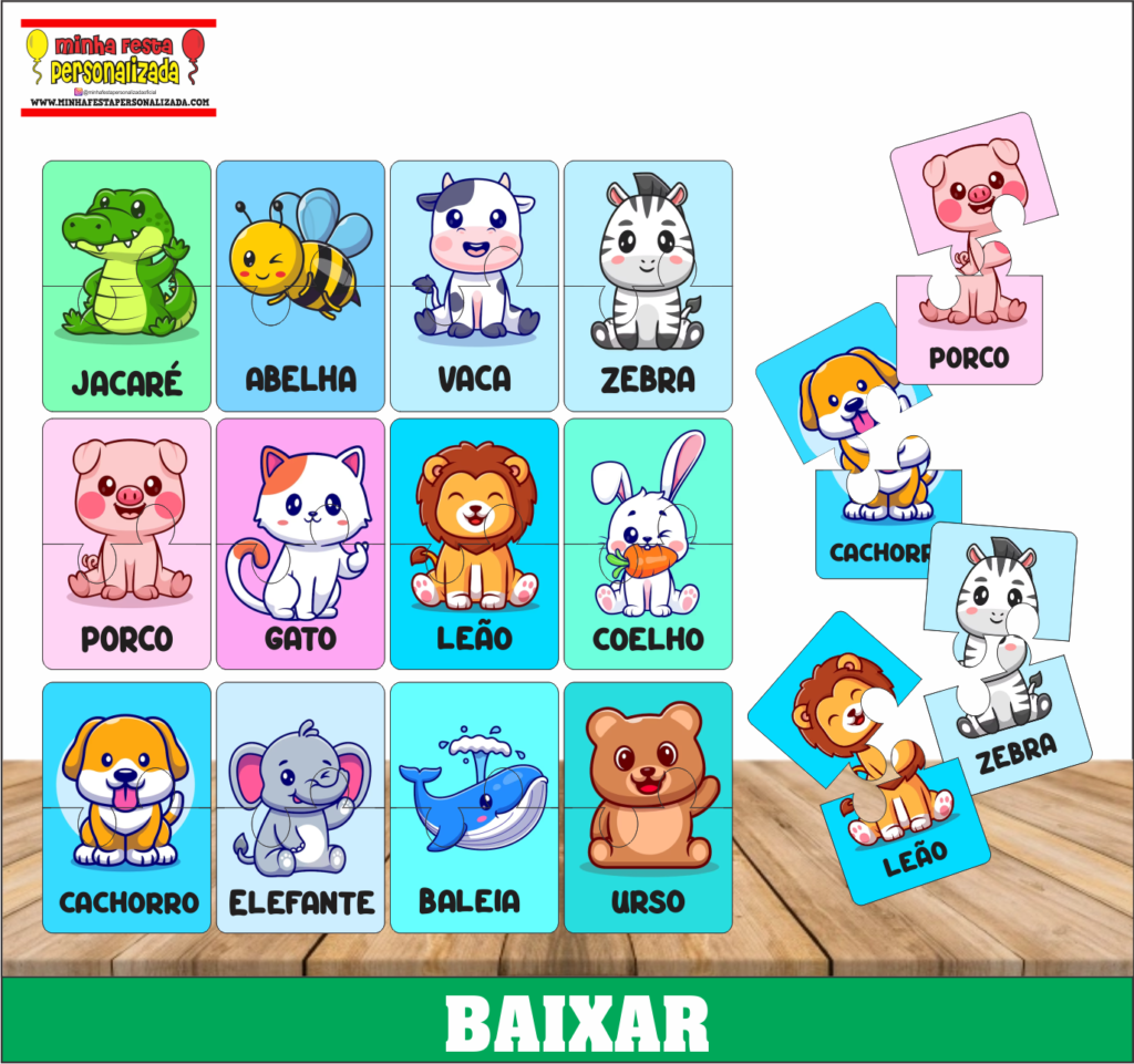 Jogo educativo grátis: quebra-cabeça de animais para imprimir e