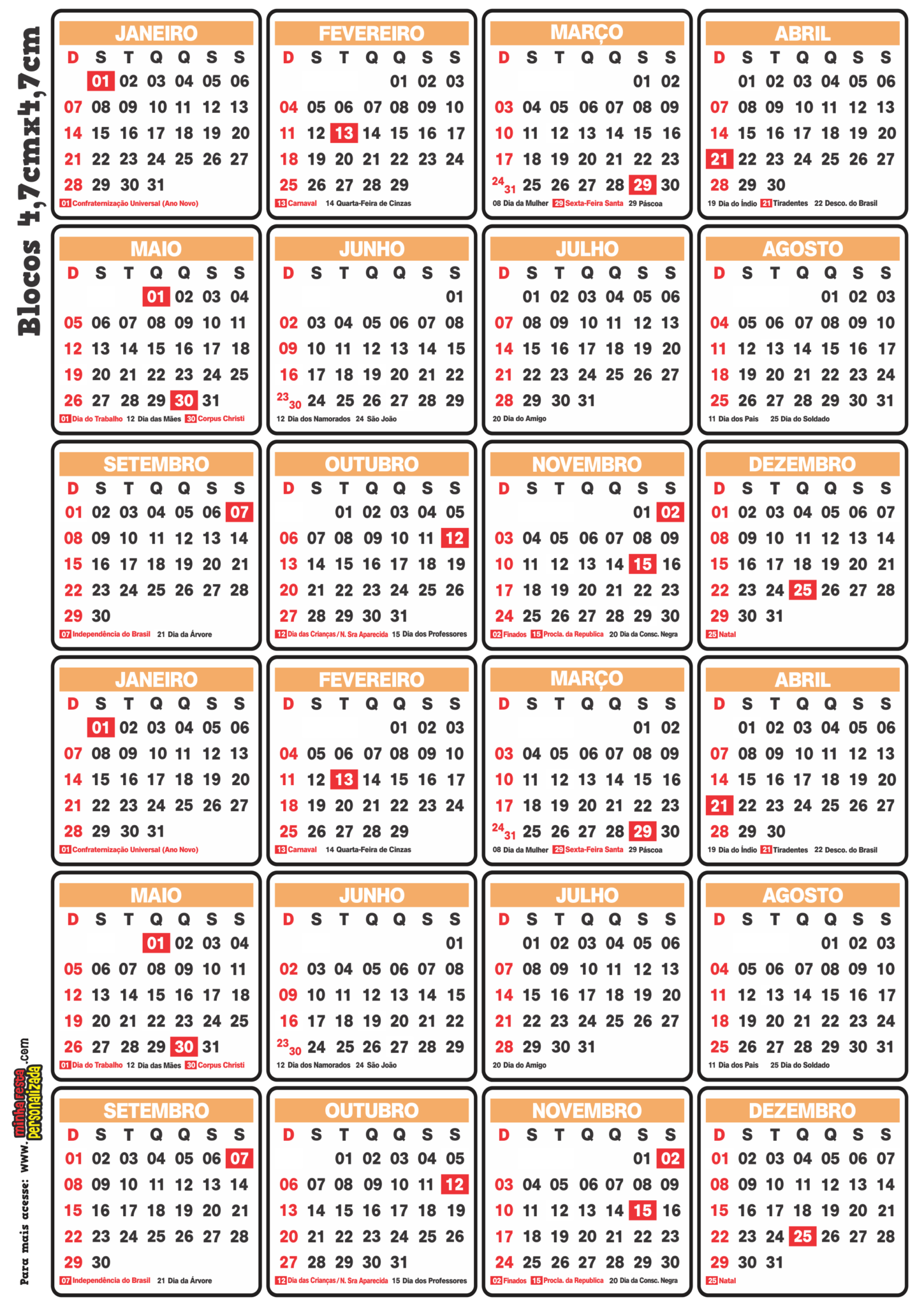 Calendários de 2024 modelo 05 para imprimir